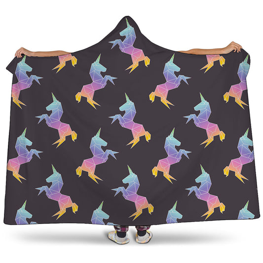 Rainbow Origami Unicorn Pattern Print Hooded Blanket