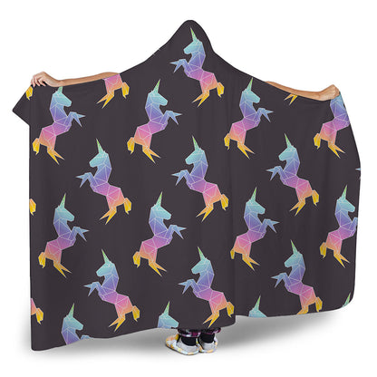 Rainbow Origami Unicorn Pattern Print Hooded Blanket