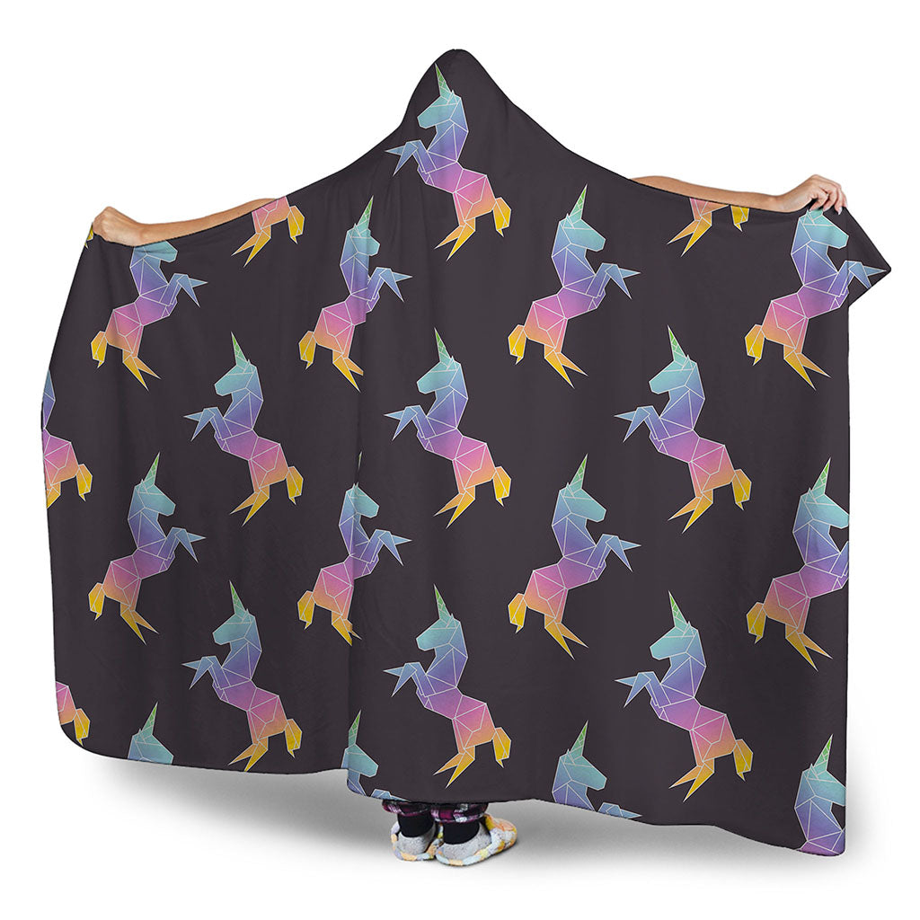 Rainbow Origami Unicorn Pattern Print Hooded Blanket