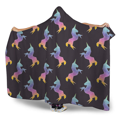 Rainbow Origami Unicorn Pattern Print Hooded Blanket