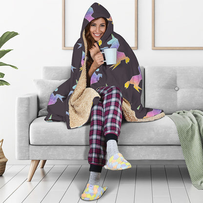 Rainbow Origami Unicorn Pattern Print Hooded Blanket