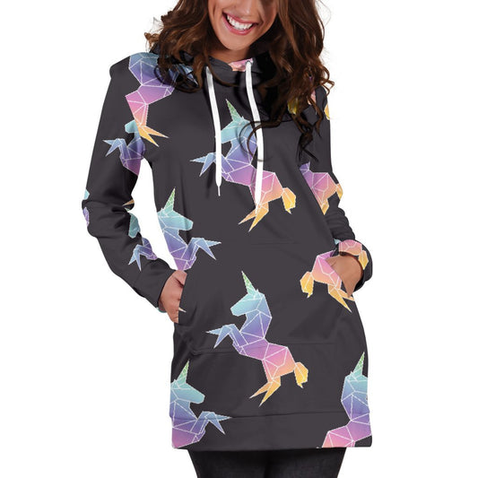 Rainbow Origami Unicorn Pattern Print Hoodie Dress GearFrost
