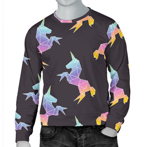 Rainbow Origami Unicorn Pattern Print Men's Crewneck Sweatshirt GearFrost