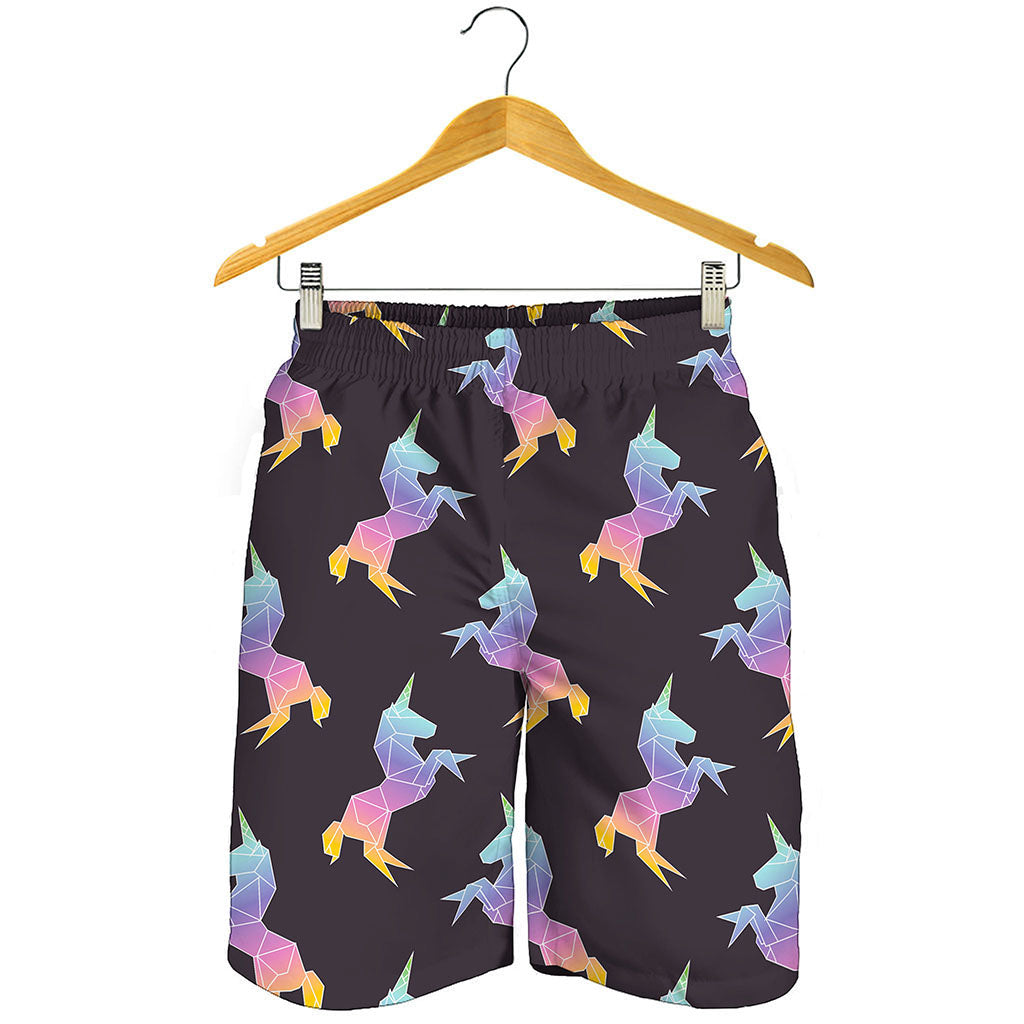 Rainbow Origami Unicorn Pattern Print Men's Shorts
