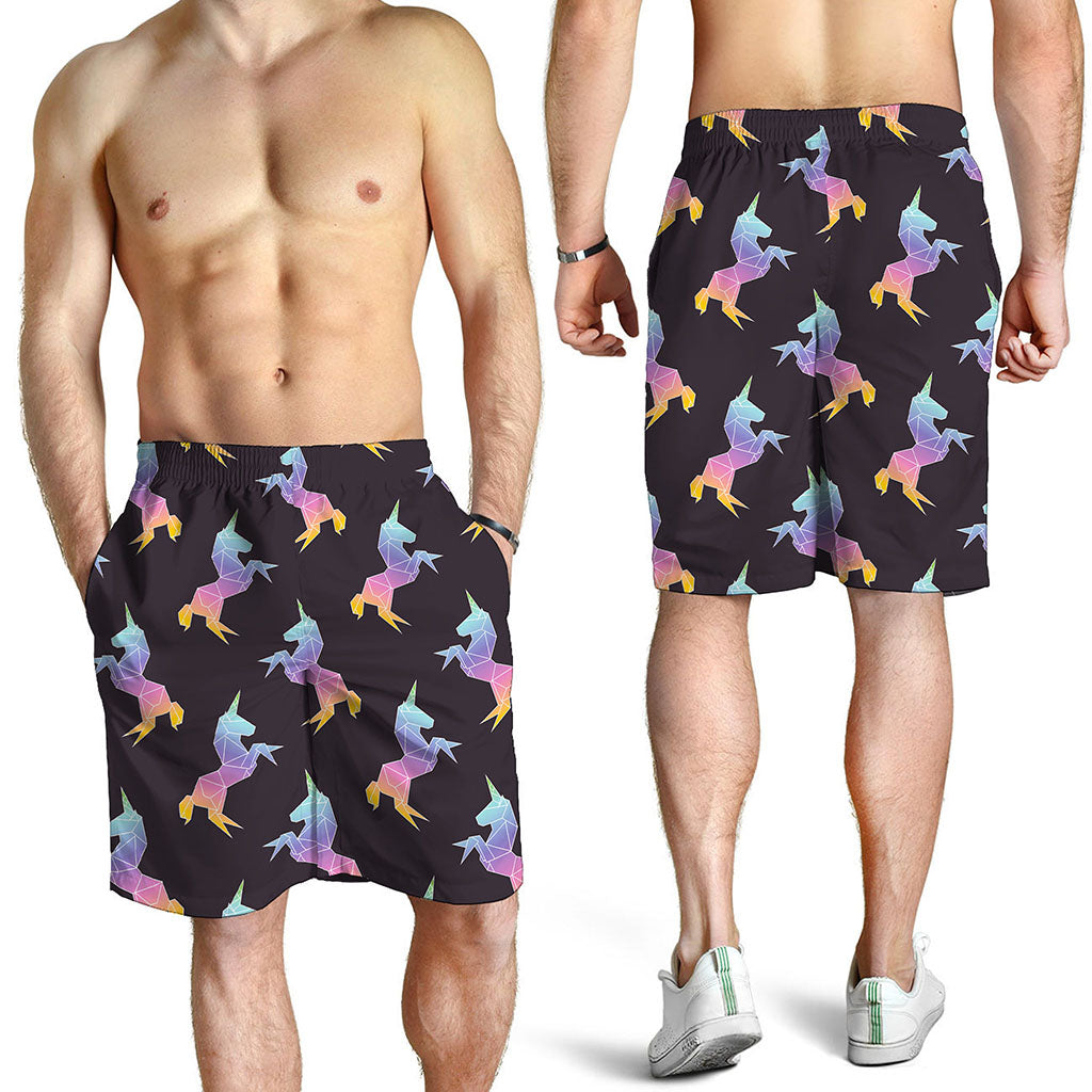 Rainbow Origami Unicorn Pattern Print Men's Shorts