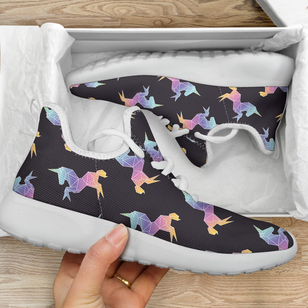 Rainbow Origami Unicorn Pattern Print Mesh Knit Shoes GearFrost