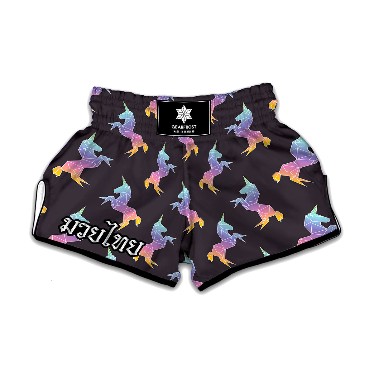 Rainbow Origami Unicorn Pattern Print Muay Thai Boxing Shorts
