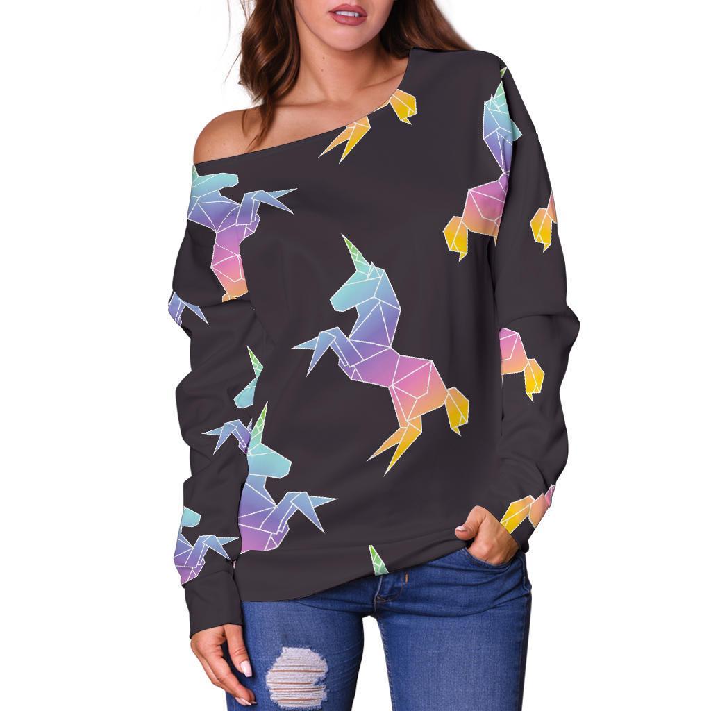 Rainbow Origami Unicorn Pattern Print Off Shoulder Sweatshirt GearFrost