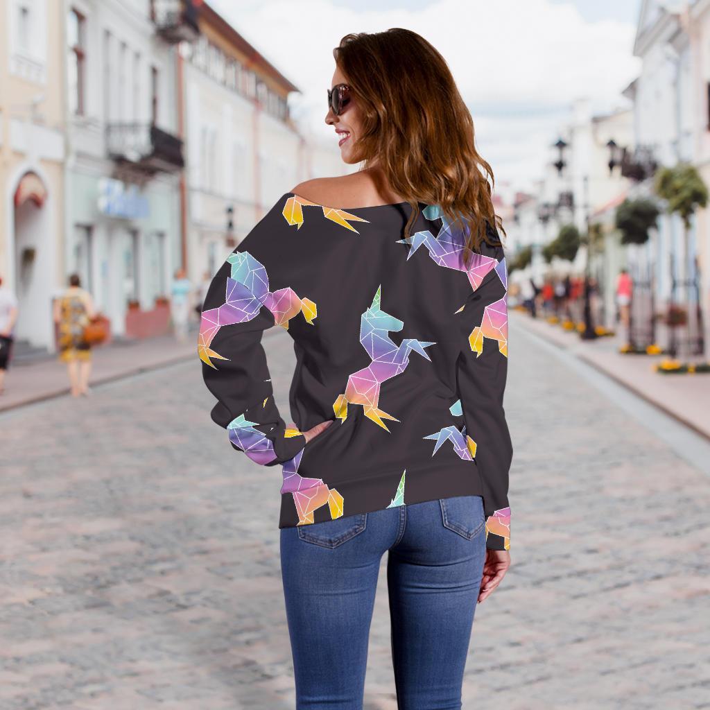 Rainbow Origami Unicorn Pattern Print Off Shoulder Sweatshirt GearFrost