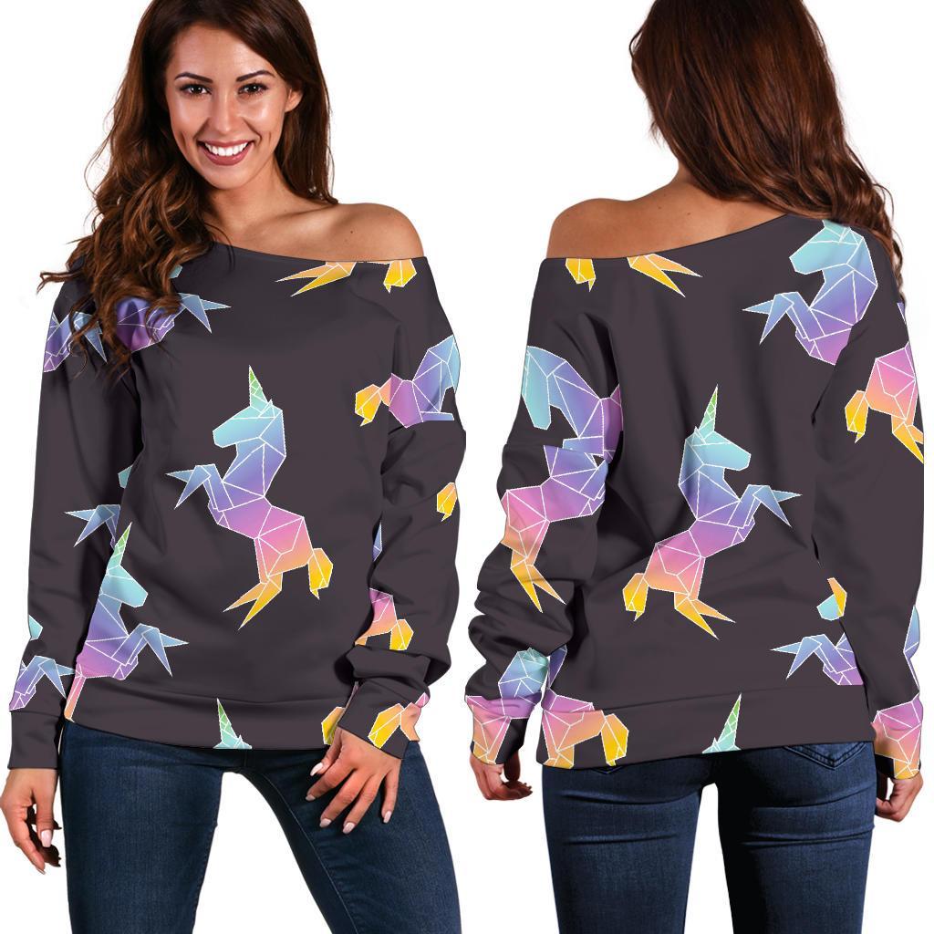 Rainbow Origami Unicorn Pattern Print Off Shoulder Sweatshirt GearFrost