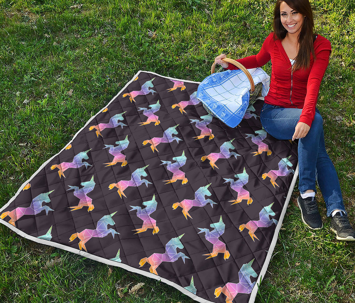 Rainbow Origami Unicorn Pattern Print Quilt