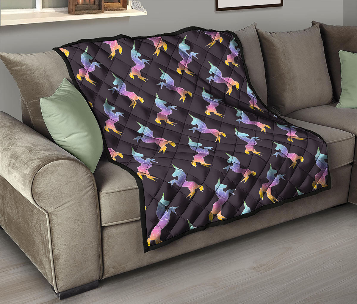 Rainbow Origami Unicorn Pattern Print Quilt