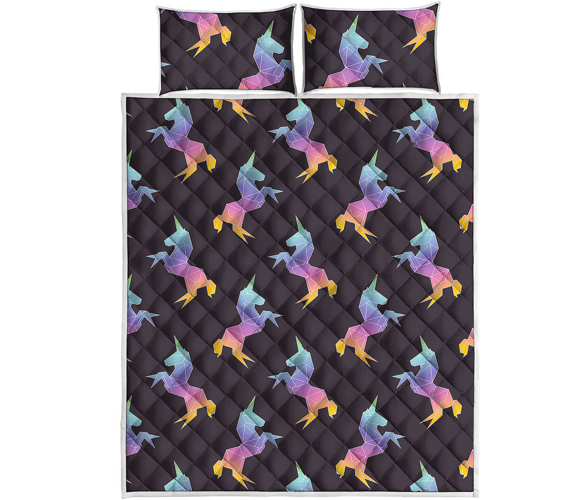 Rainbow Origami Unicorn Pattern Print Quilt Bed Set