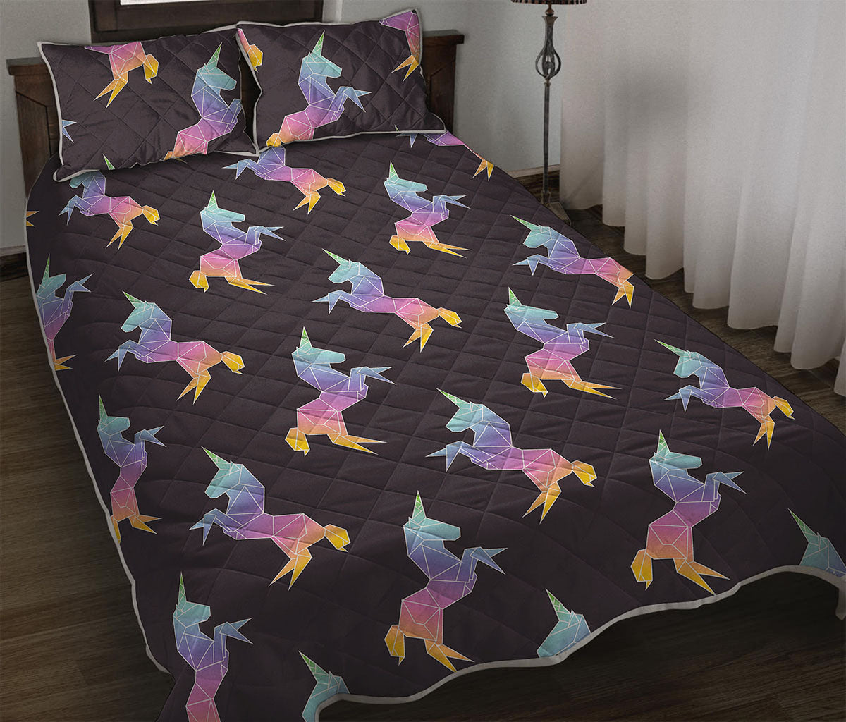 Rainbow Origami Unicorn Pattern Print Quilt Bed Set