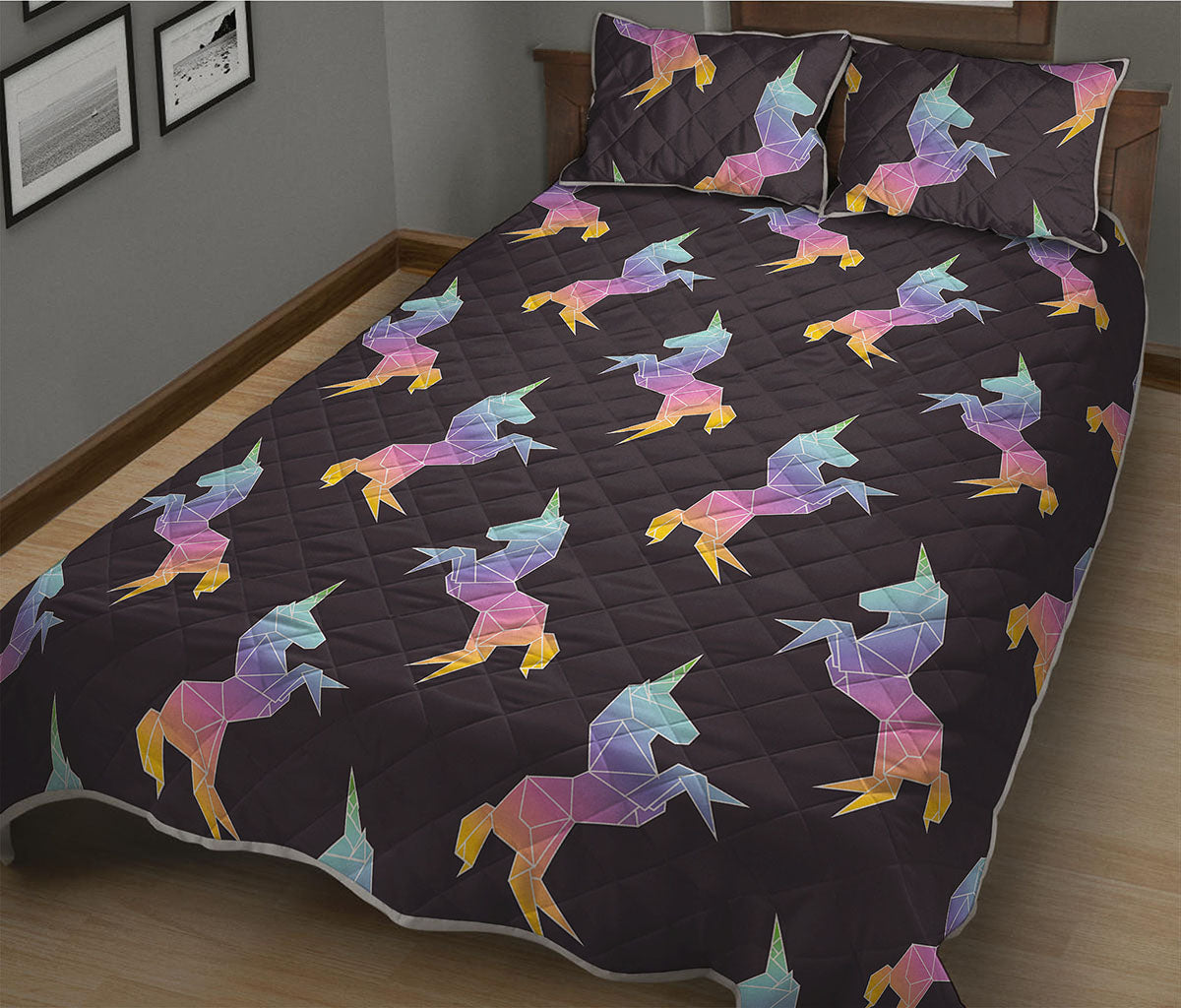Rainbow Origami Unicorn Pattern Print Quilt Bed Set