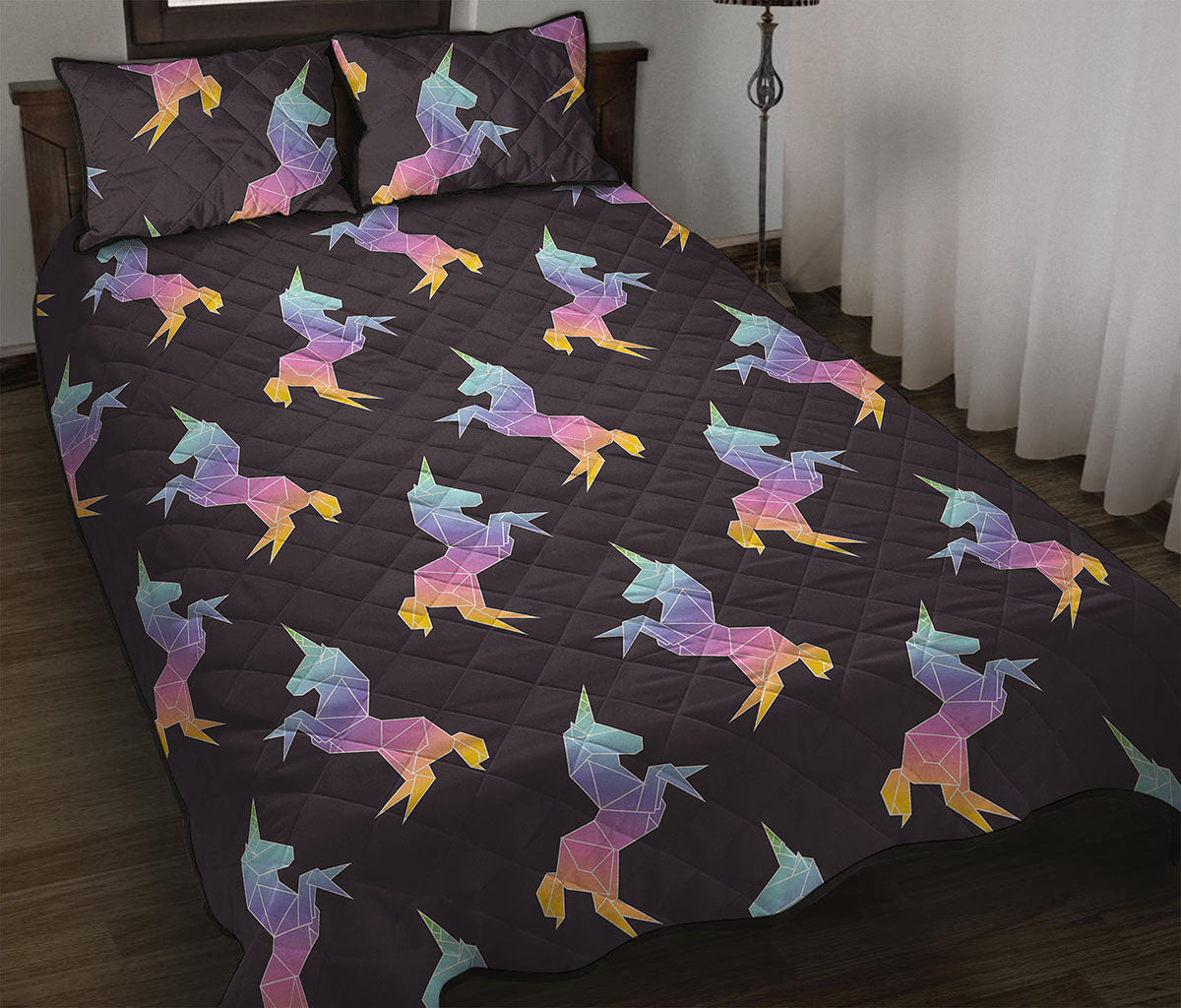 Rainbow Origami Unicorn Pattern Print Quilt Bed Set