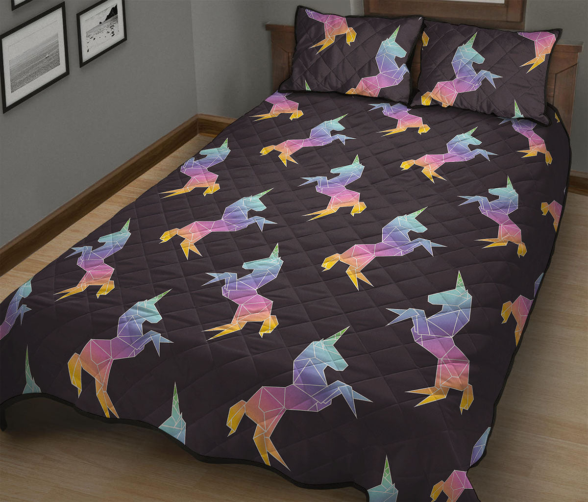 Rainbow Origami Unicorn Pattern Print Quilt Bed Set