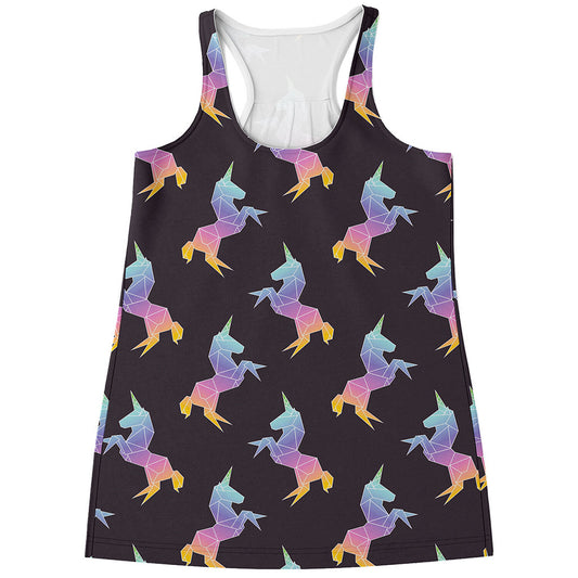 Rainbow Origami Unicorn Pattern Print Women's Racerback Tank Top