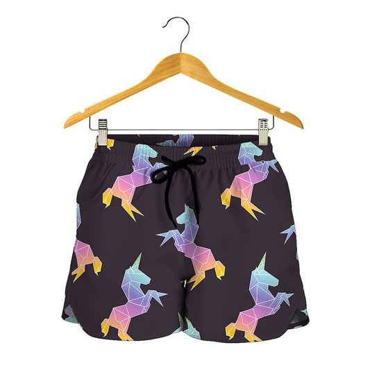 Rainbow Origami Unicorn Pattern Print Women's Shorts