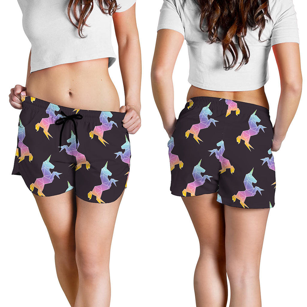 Rainbow Origami Unicorn Pattern Print Women's Shorts