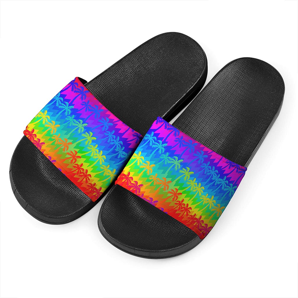 Rainbow Palm Tree Pattern Print Black Slide Sandals