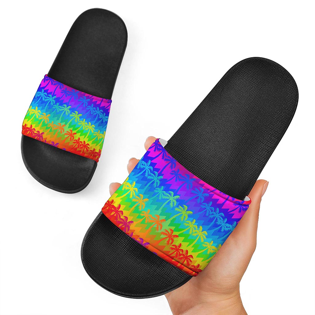 Rainbow Palm Tree Pattern Print Black Slide Sandals