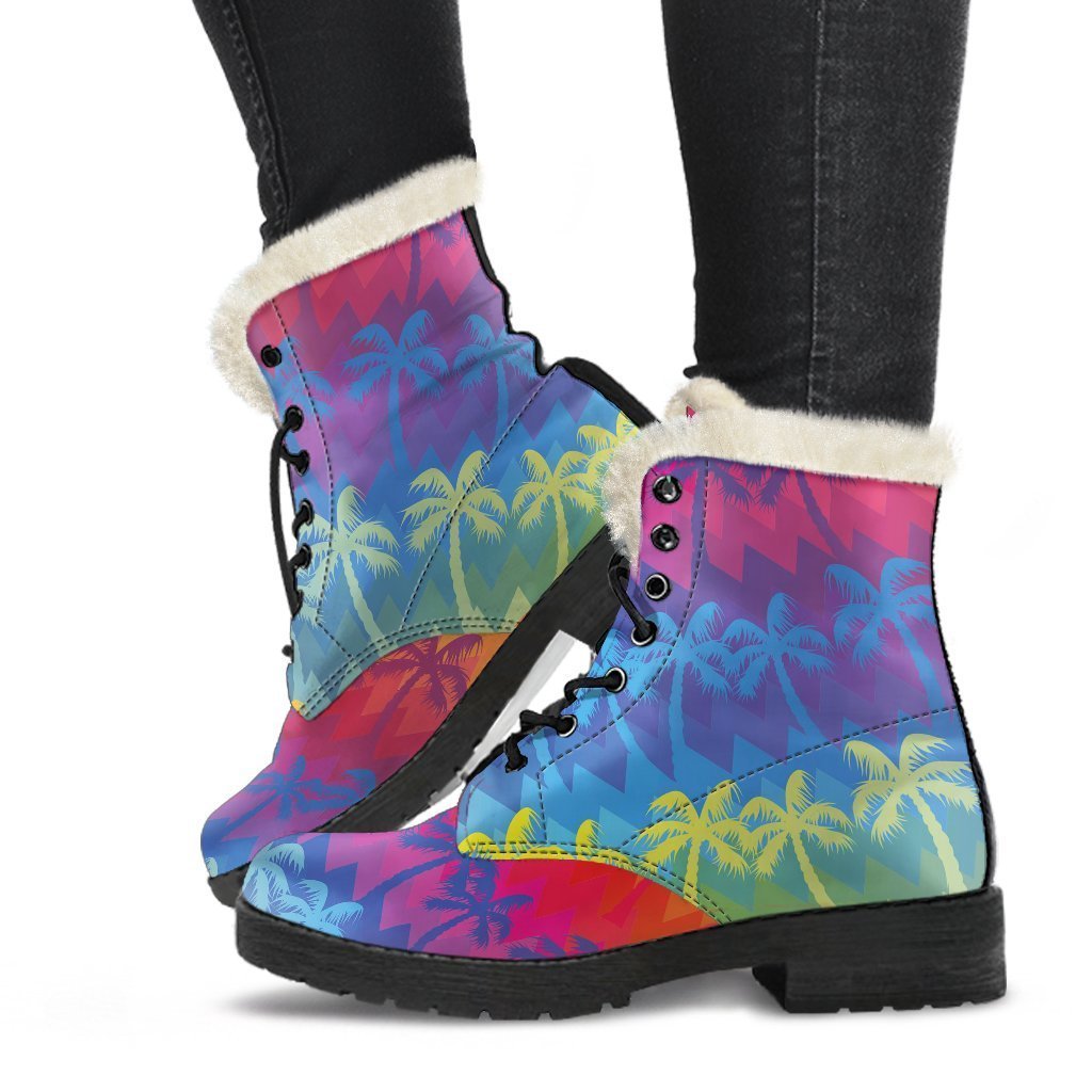 Rainbow Palm Tree Pattern Print Comfy Boots GearFrost