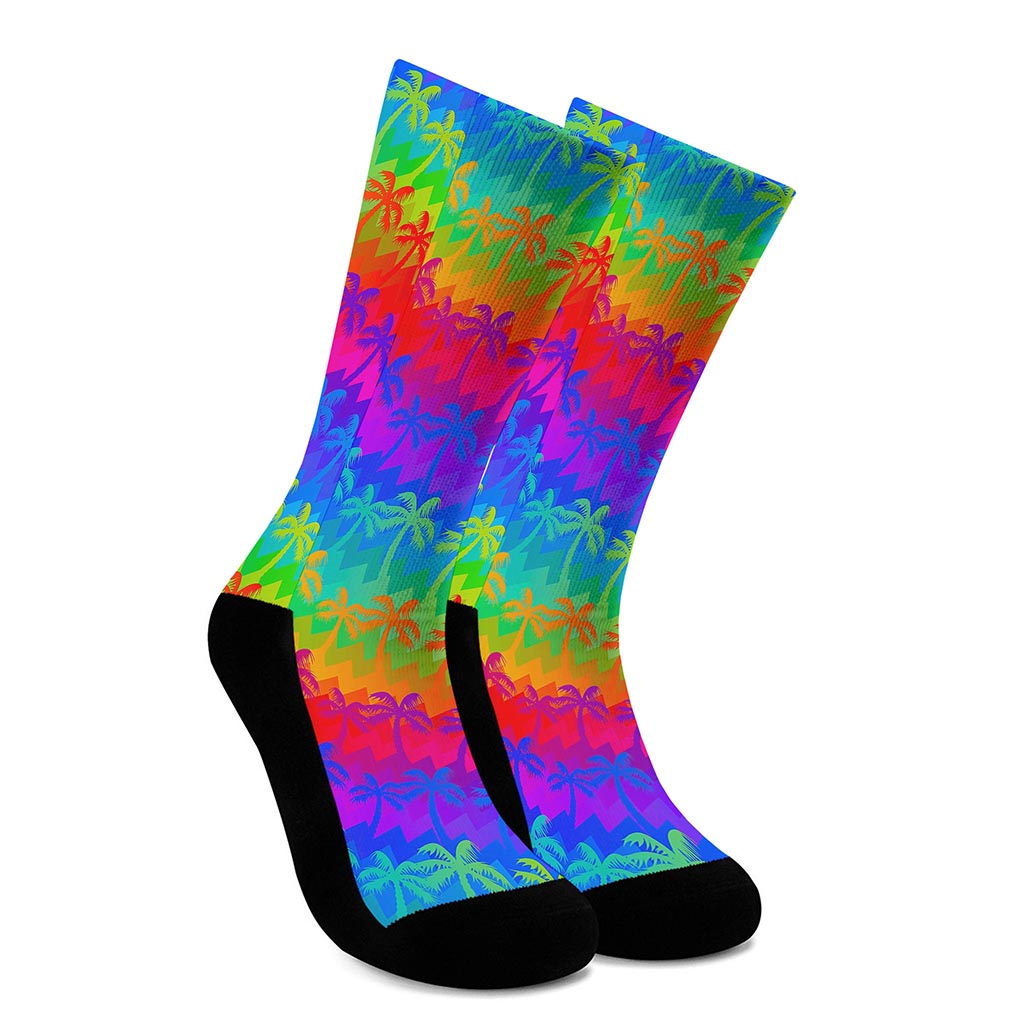 Rainbow Palm Tree Pattern Print Crew Socks