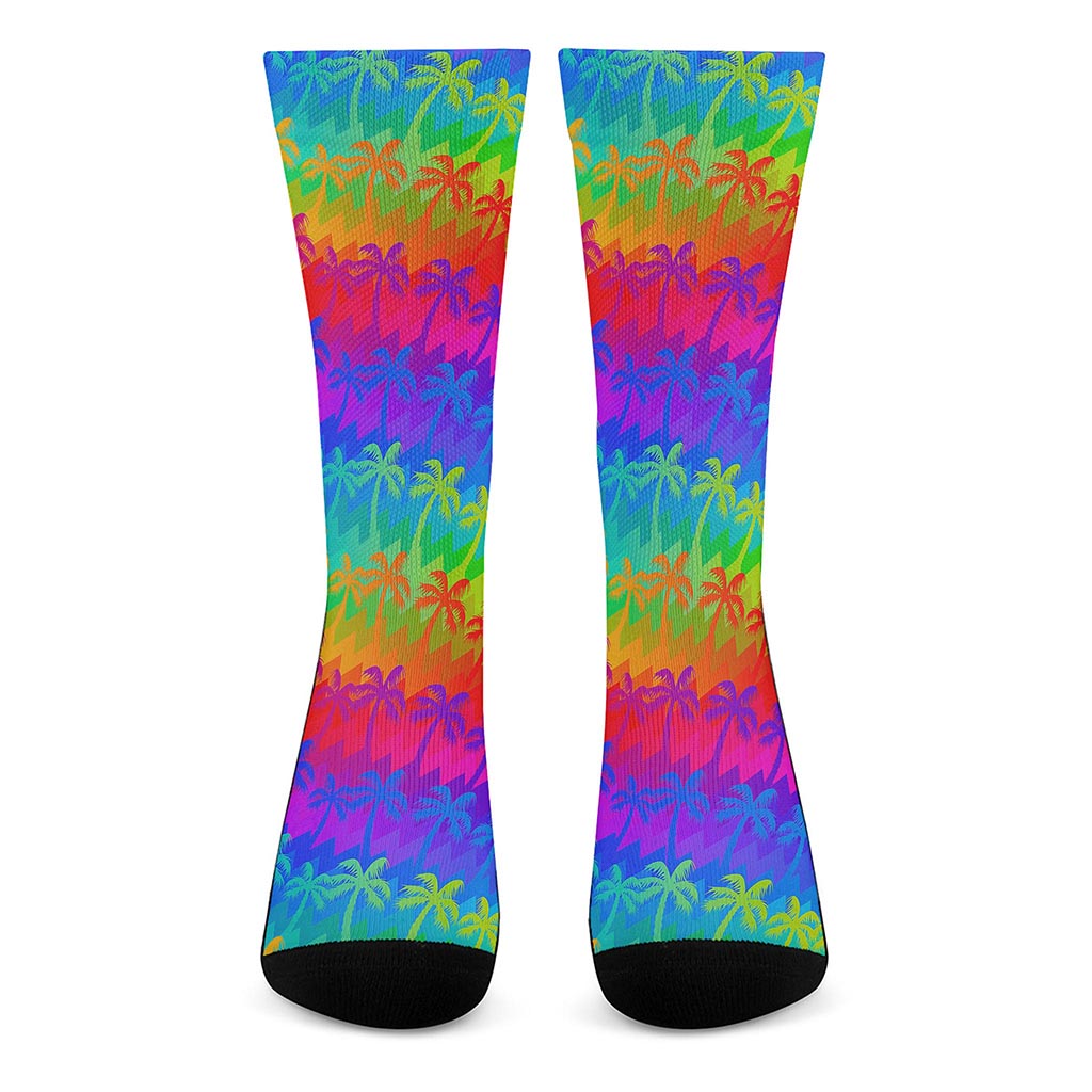Rainbow Palm Tree Pattern Print Crew Socks