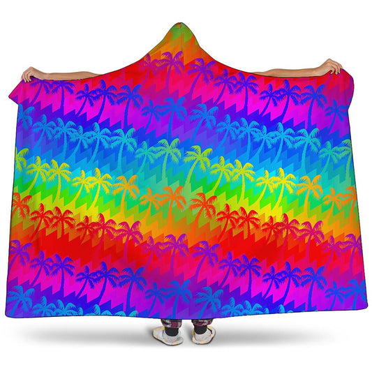 Rainbow Palm Tree Pattern Print Hooded Blanket