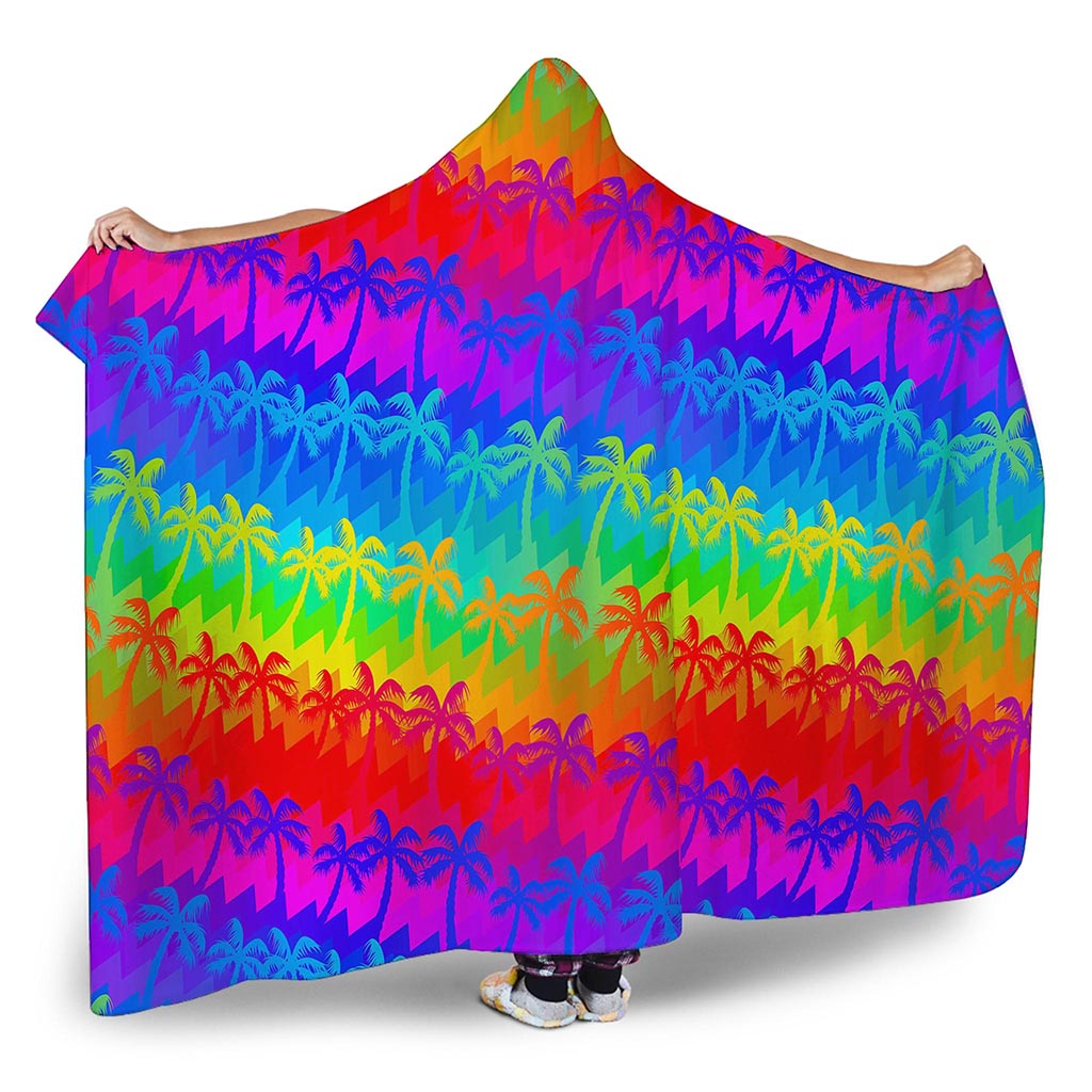 Rainbow Palm Tree Pattern Print Hooded Blanket