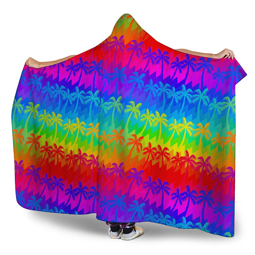 Rainbow Palm Tree Pattern Print Hooded Blanket