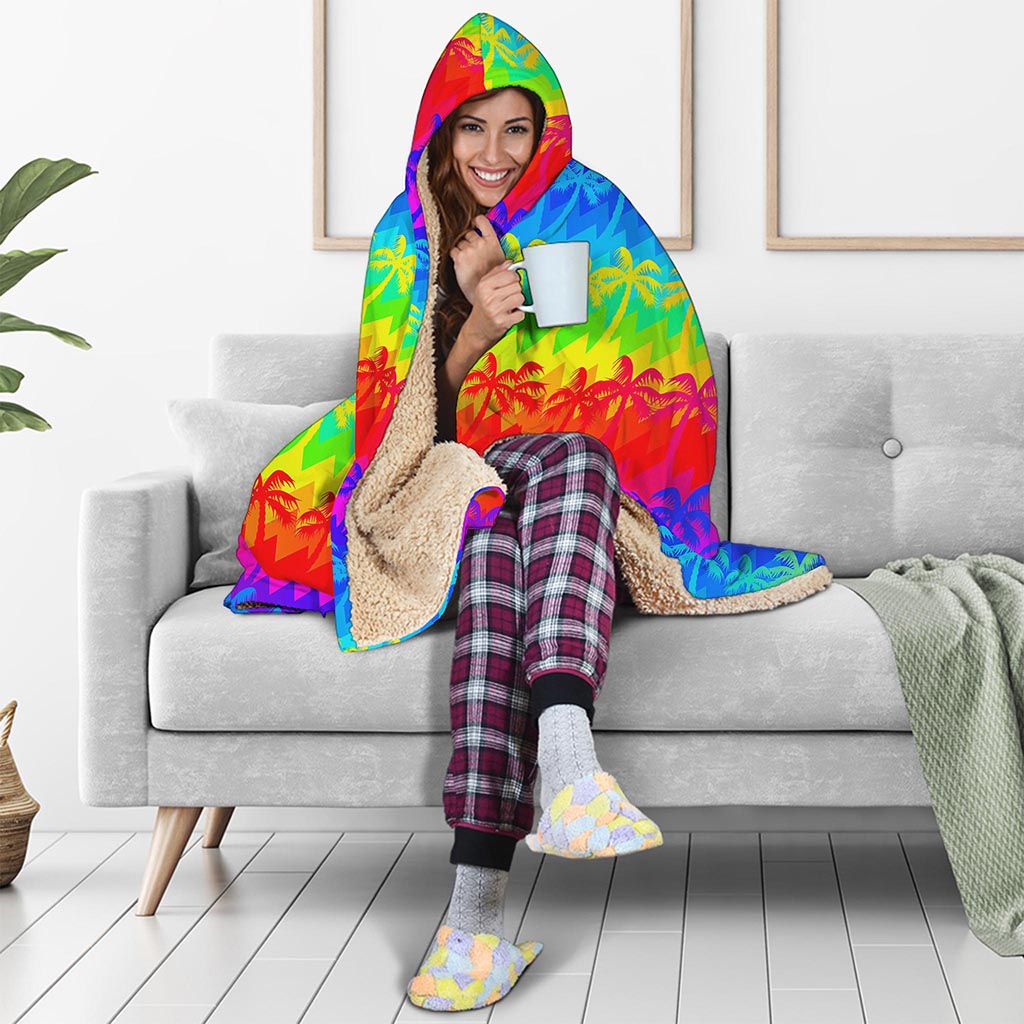 Rainbow Palm Tree Pattern Print Hooded Blanket
