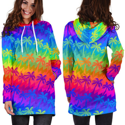 Rainbow Palm Tree Pattern Print Hoodie Dress GearFrost