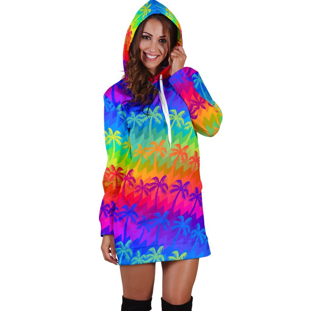 Rainbow Palm Tree Pattern Print Hoodie Dress GearFrost