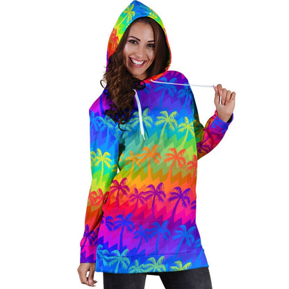 Rainbow Palm Tree Pattern Print Hoodie Dress GearFrost