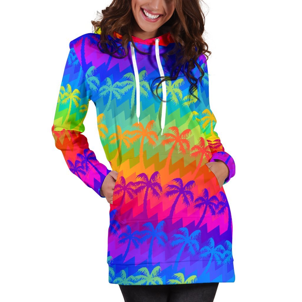 Rainbow Palm Tree Pattern Print Hoodie Dress GearFrost
