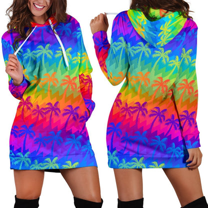 Rainbow Palm Tree Pattern Print Hoodie Dress GearFrost