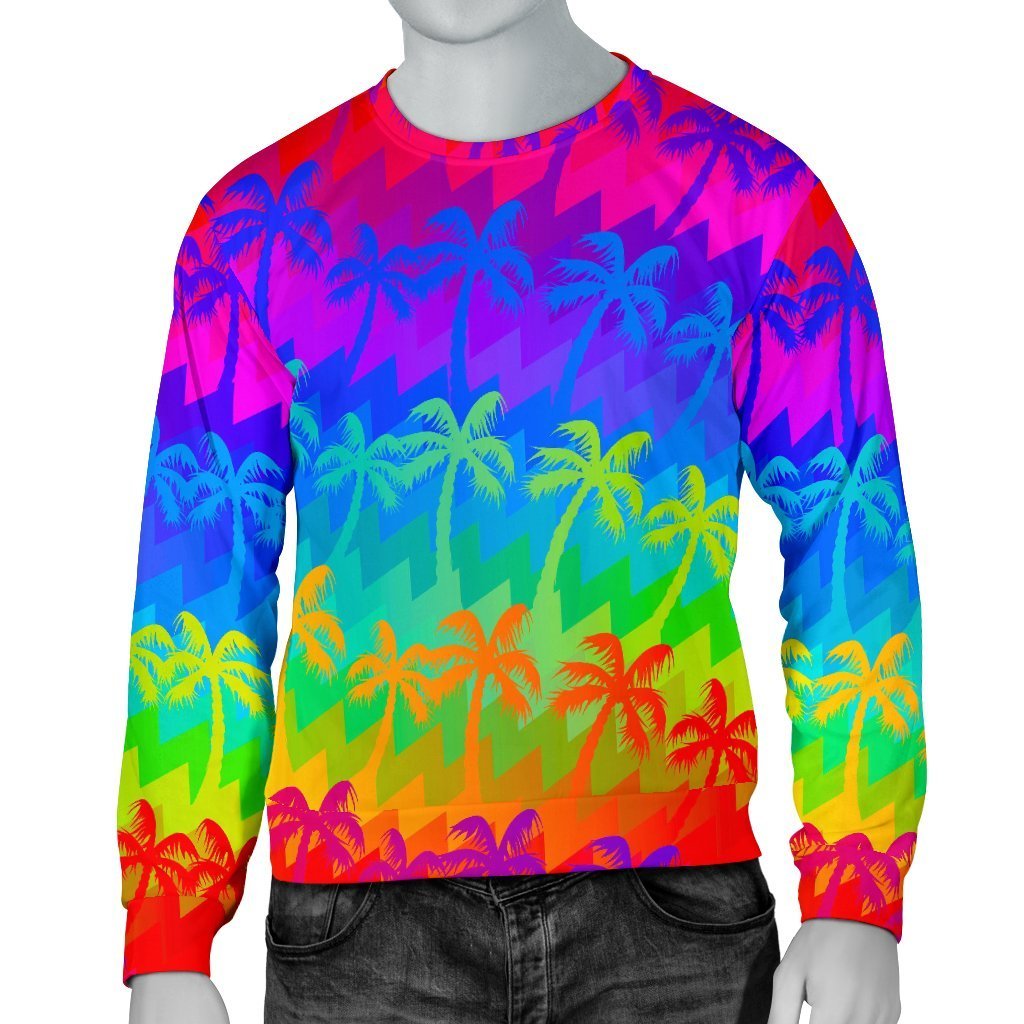 Rainbow Palm Tree Pattern Print Men's Crewneck Sweatshirt GearFrost