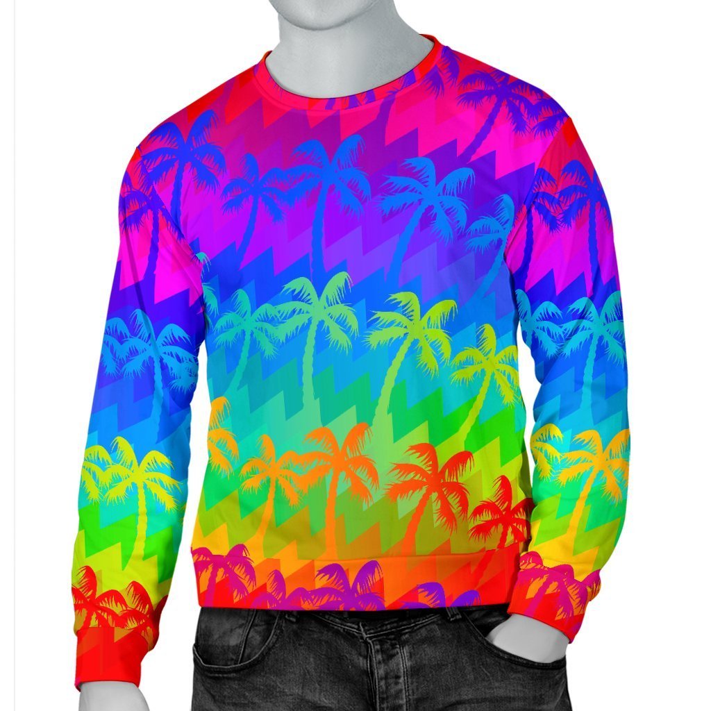 Rainbow Palm Tree Pattern Print Men's Crewneck Sweatshirt GearFrost