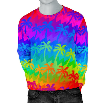 Rainbow Palm Tree Pattern Print Men's Crewneck Sweatshirt GearFrost