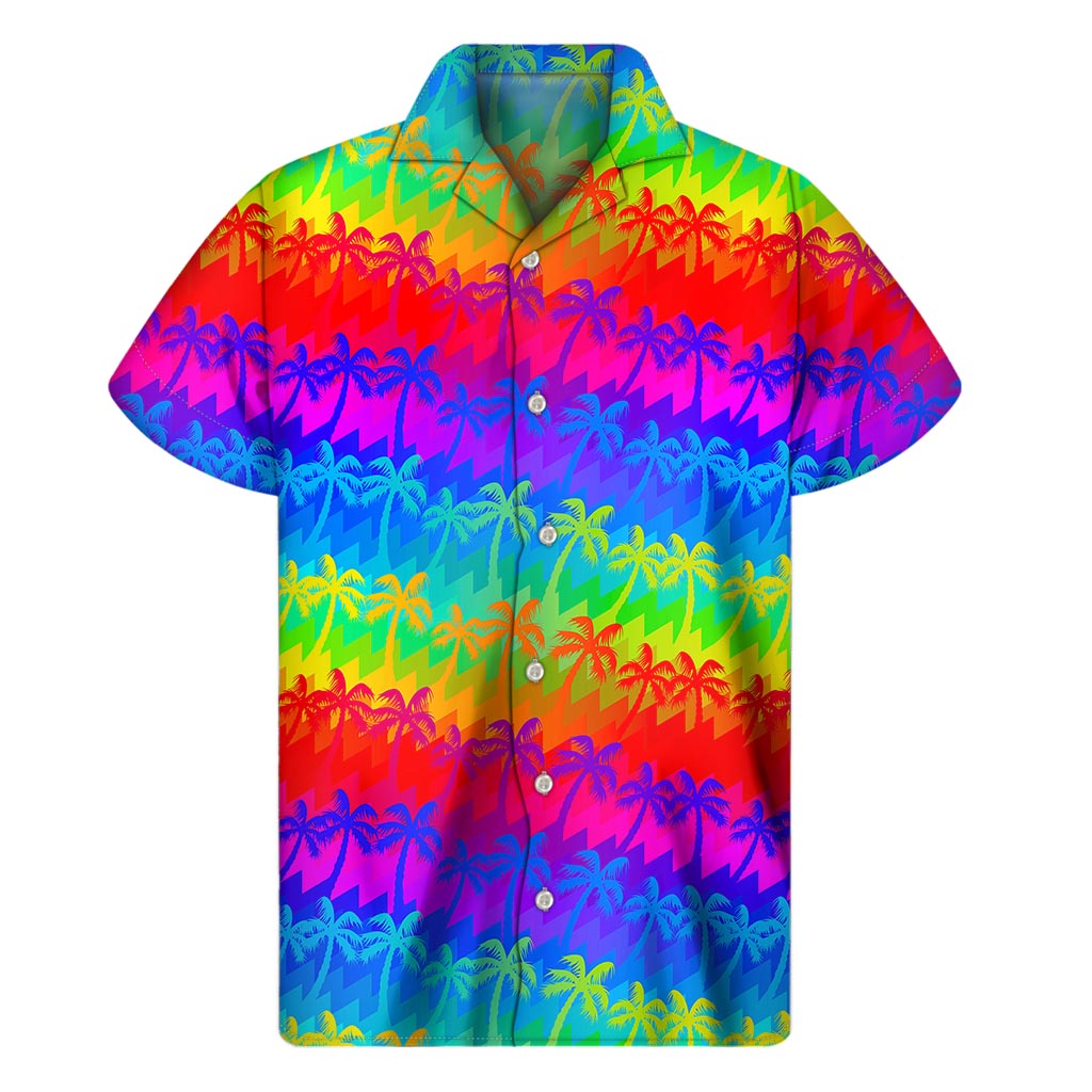 Rainbow Palm Tree Pattern Print Men's Short Sleeve Shirt