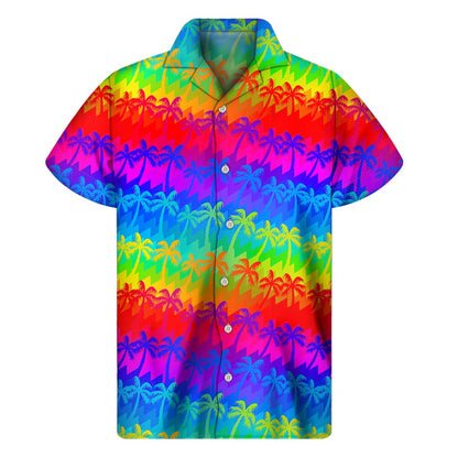 Rainbow Palm Tree Pattern Print Men's Short Sleeve Shirt