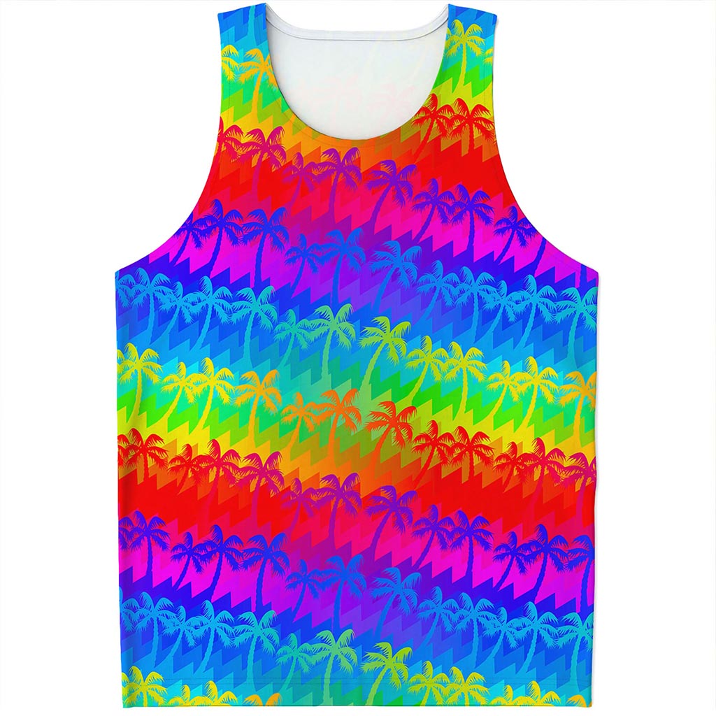 Rainbow Palm Tree Pattern Print Men's Tank Top
