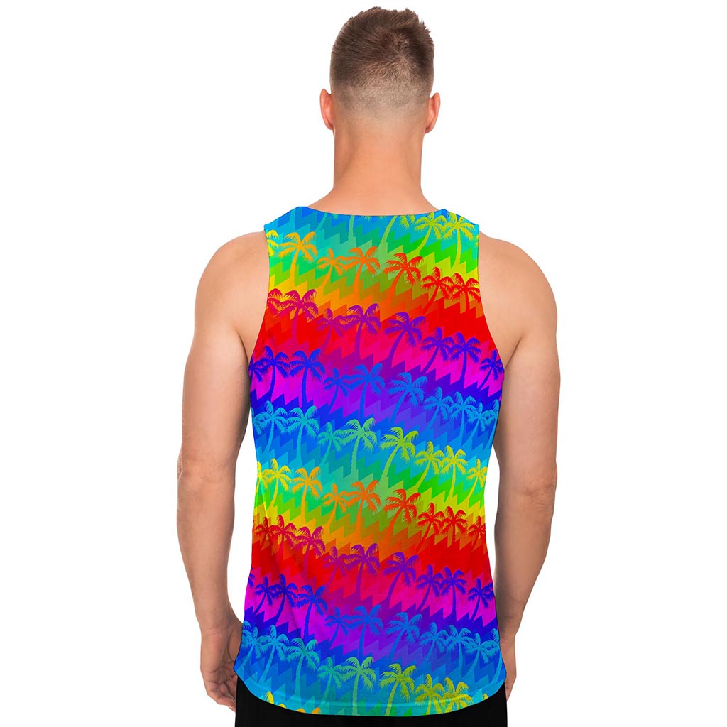 Rainbow Palm Tree Pattern Print Men's Tank Top