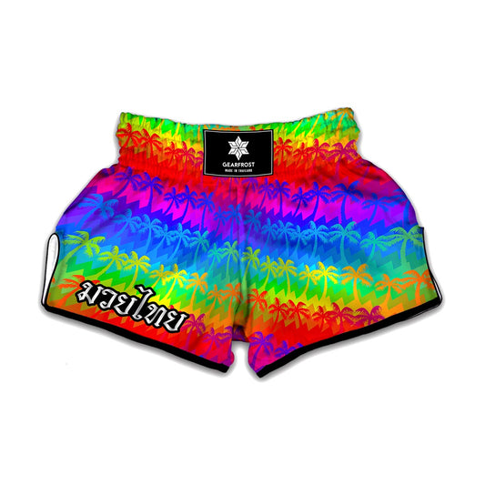 Rainbow Palm Tree Pattern Print Muay Thai Boxing Shorts