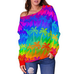 Rainbow Palm Tree Pattern Print Off Shoulder Sweatshirt GearFrost