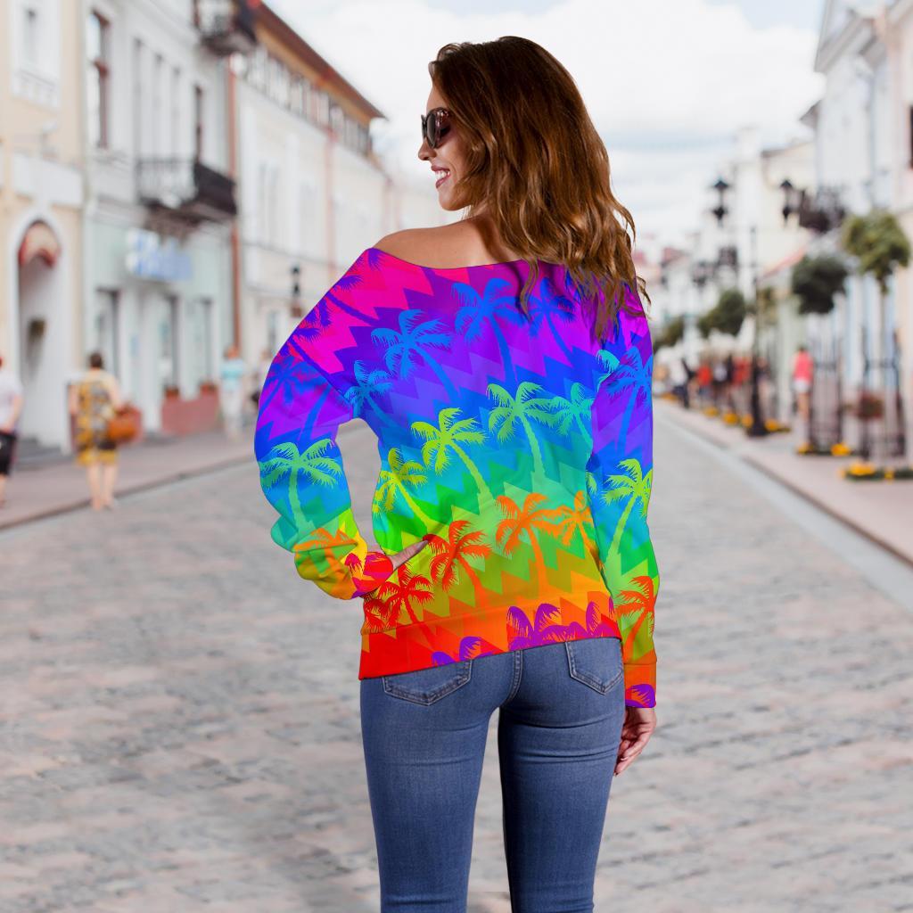 Rainbow Palm Tree Pattern Print Off Shoulder Sweatshirt GearFrost