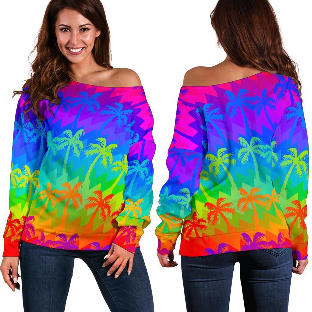 Rainbow Palm Tree Pattern Print Off Shoulder Sweatshirt GearFrost