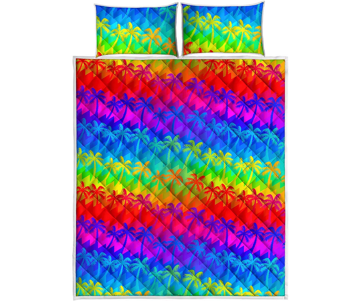 Rainbow Palm Tree Pattern Print Quilt Bed Set